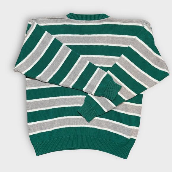 IZOD PREPPY VINTAGE STRIPE CREW NECK SWEATER GREEN WHITE GRAY LARGE - Picture 2 of 8